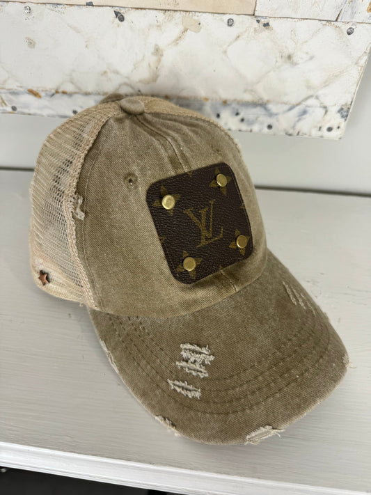 Trendy Tattered Collection: Tan Distressed Denim cap - Jagged Leather