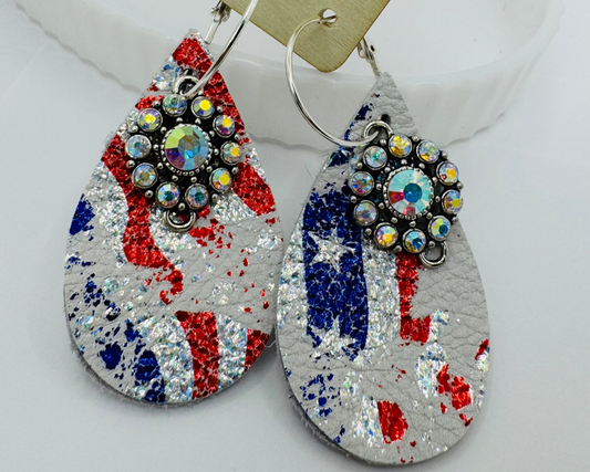 Metallic SILVER Leather patriotic Tear Earrings