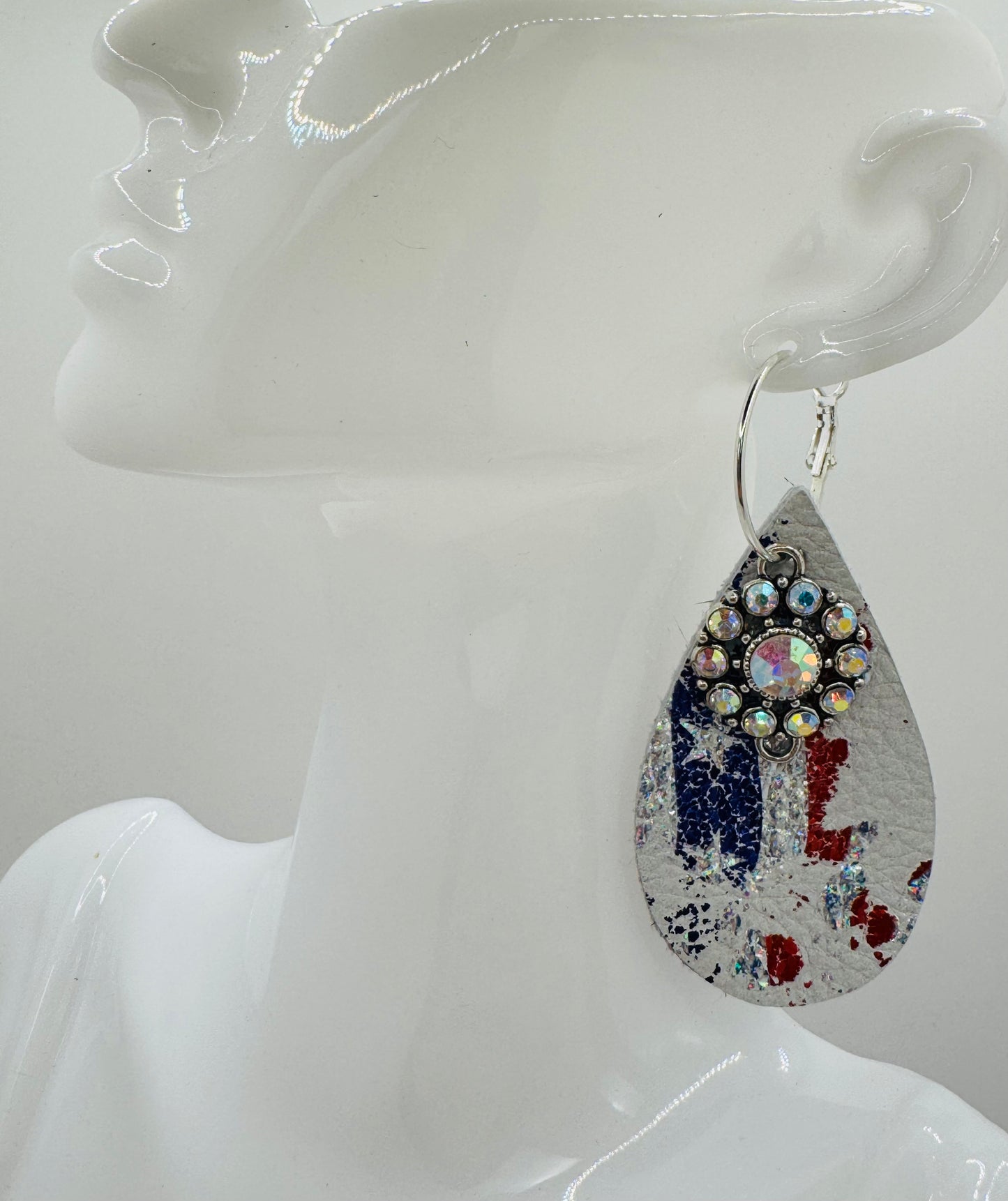Metallic SILVER Leather patriotic Tear Earrings