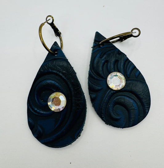 Black and Blue Leather Swirl Earrings