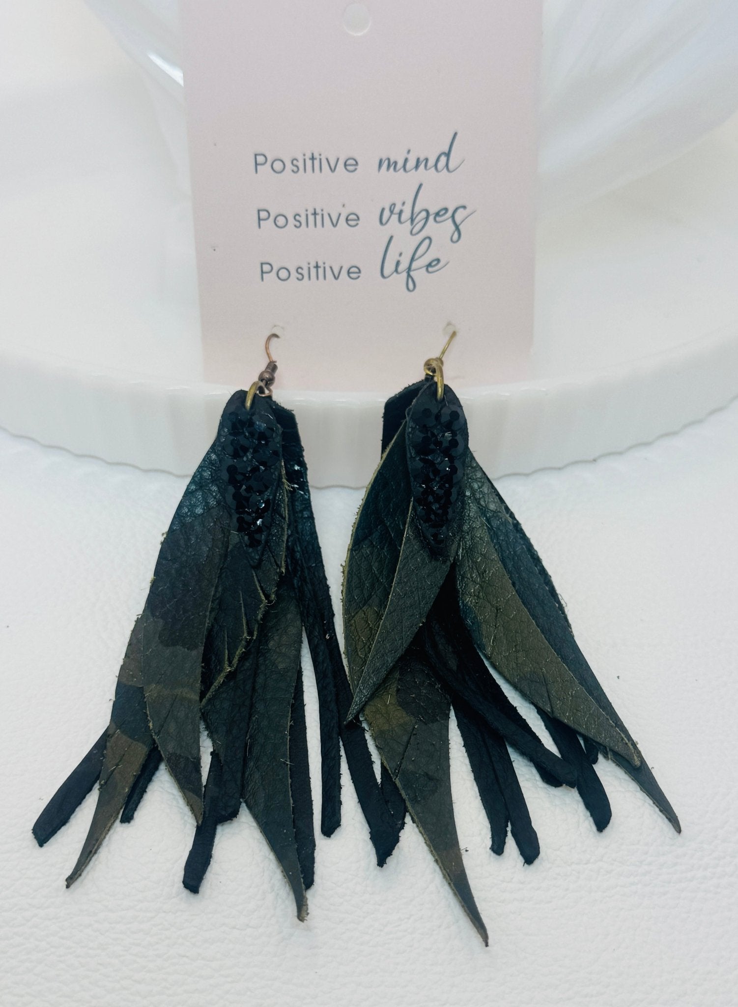 Unique Earrings: Black Leather Camo Feathers - Jagged Leather