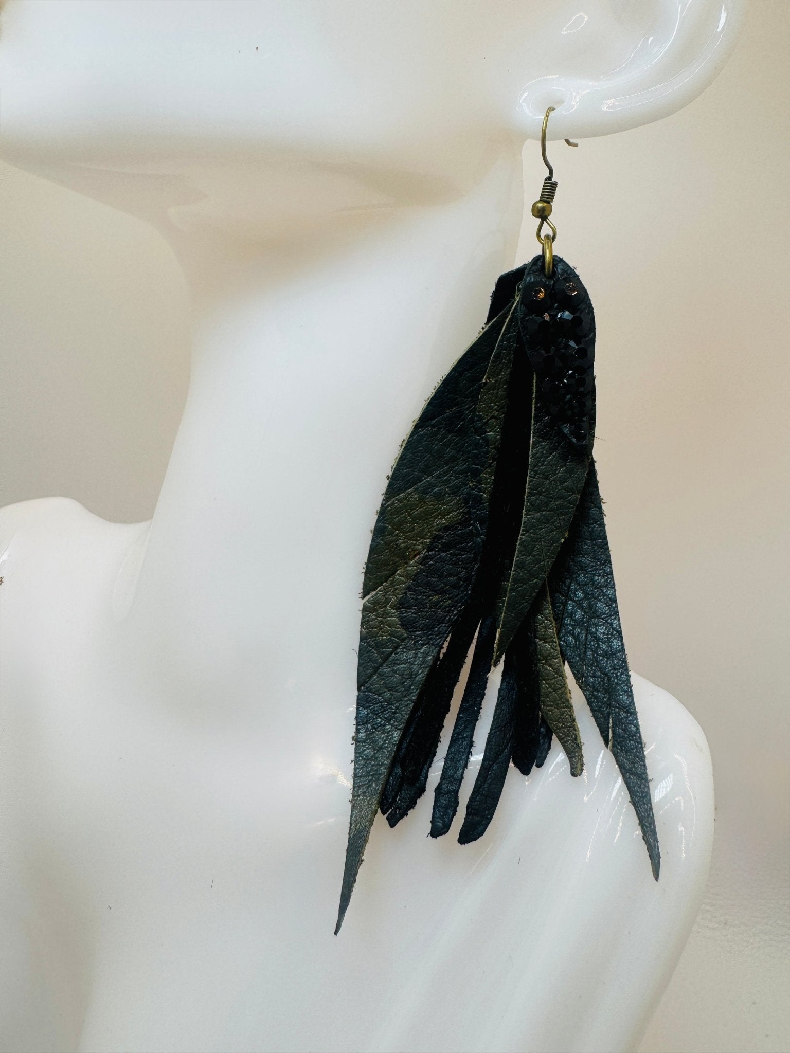 Unique Earrings: Black Leather Camo Feathers - Jagged Leather
