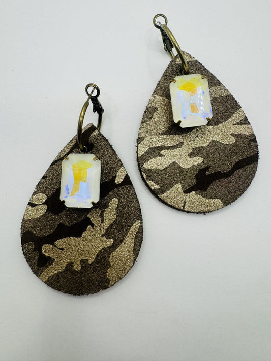 Unique Earrings: Brown Camo with Glitter - Jagged Leather