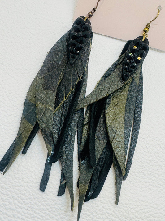 Unique Earrings: Black Leather Camo Feathers - Jagged Leather