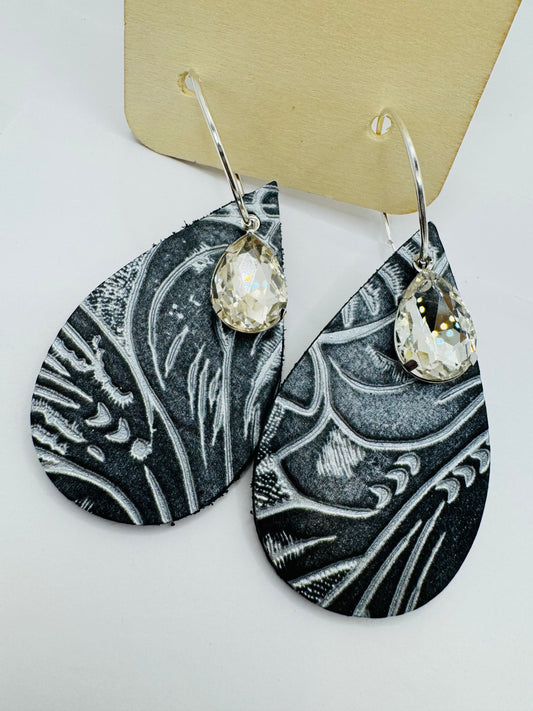 Silver & Black Floral Leather Earrings