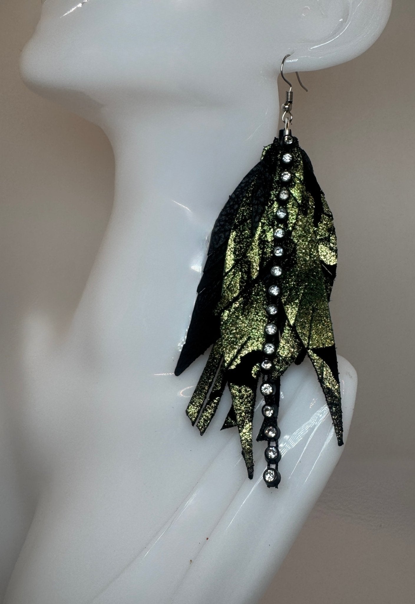 Unique Earrings: Glitter Camo Feathers - Jagged Leather