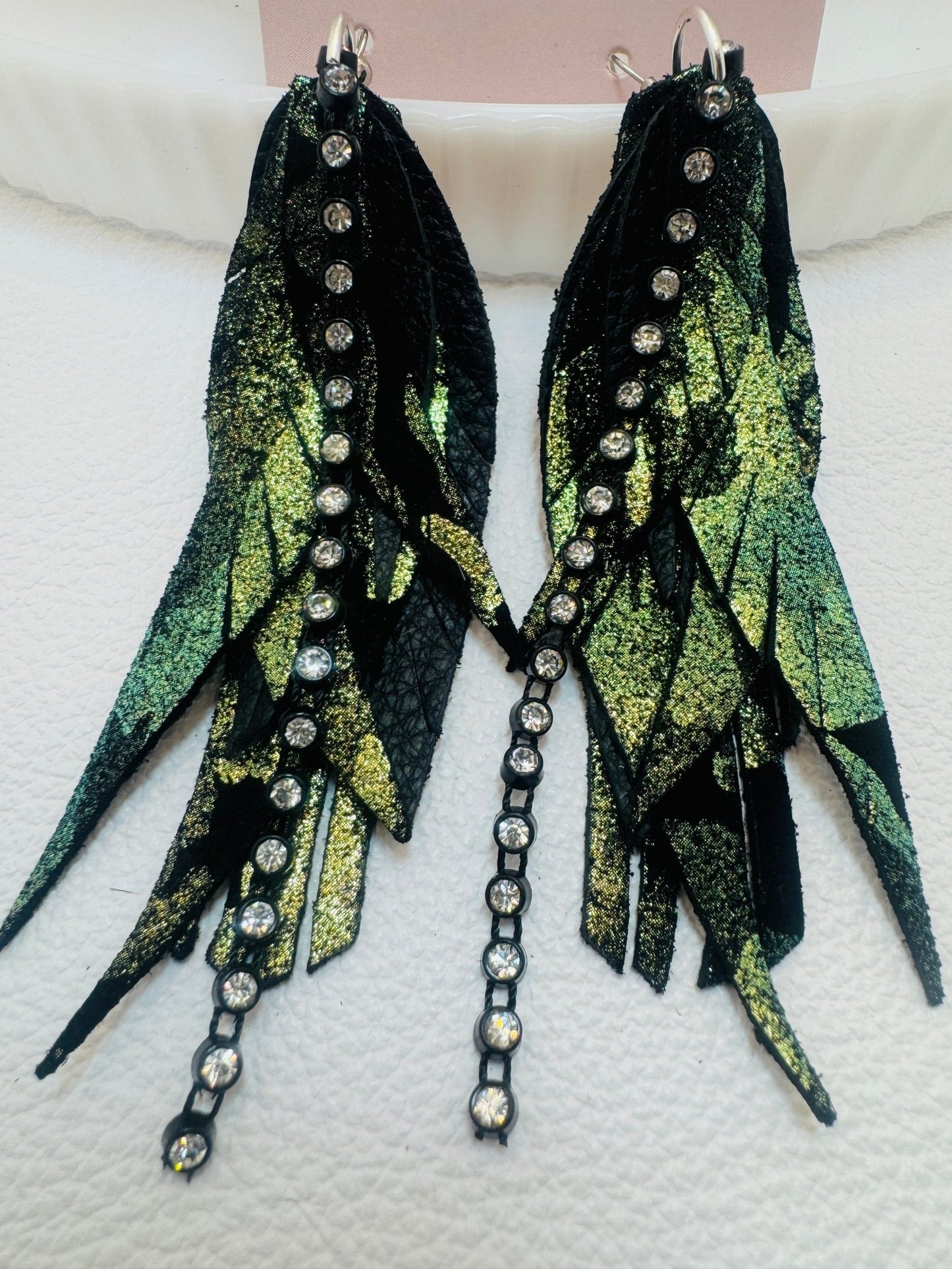 Unique Earrings: Glitter Camo Feathers - Jagged Leather