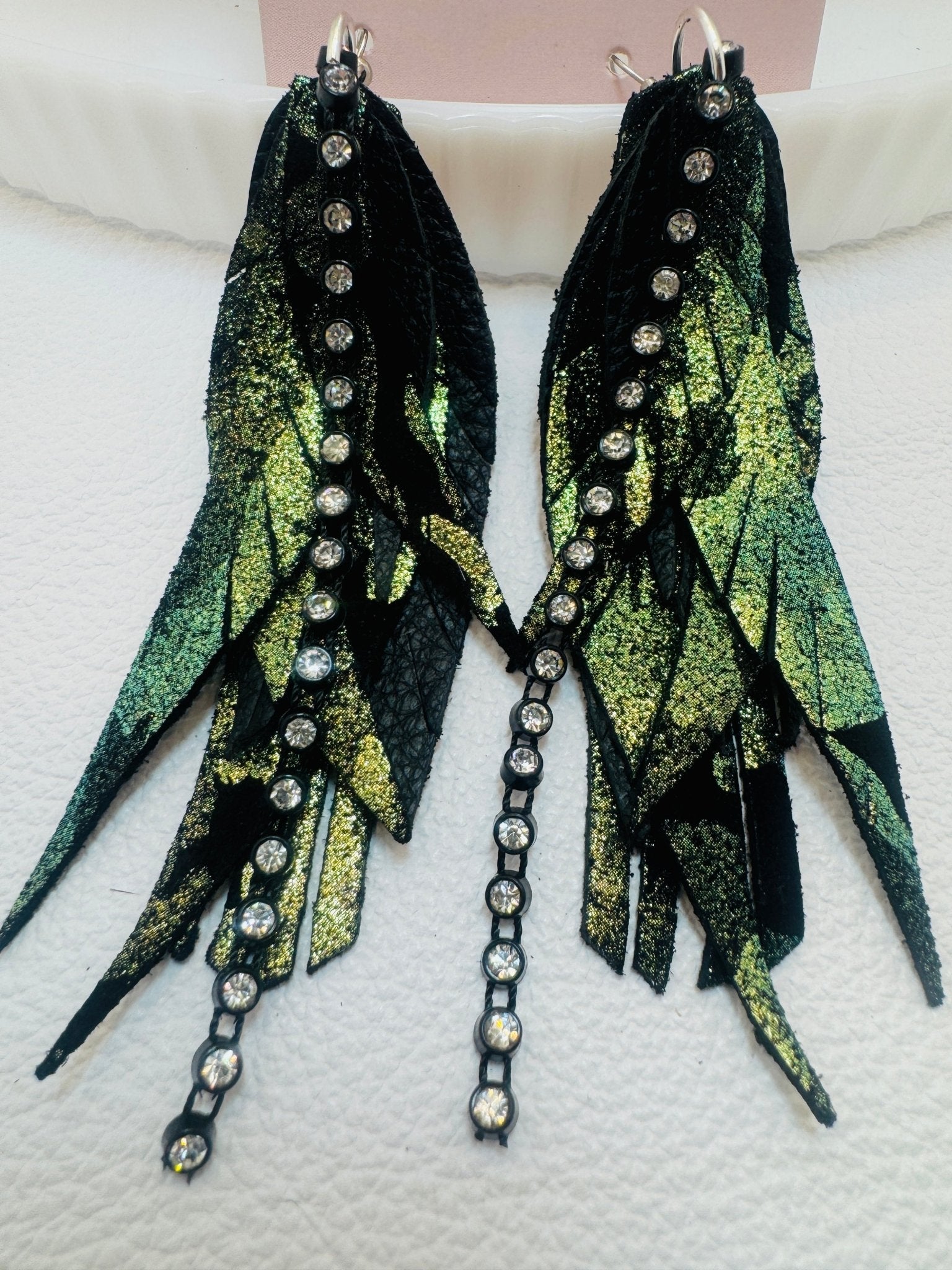 Unique Earrings: Glitter Camo Feathers - Jagged Leather