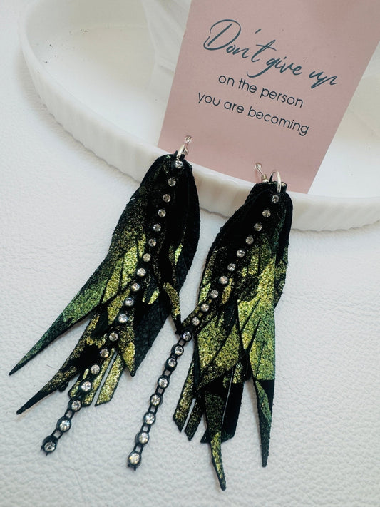 Unique Earrings: Glitter Camo Feathers - Jagged Leather