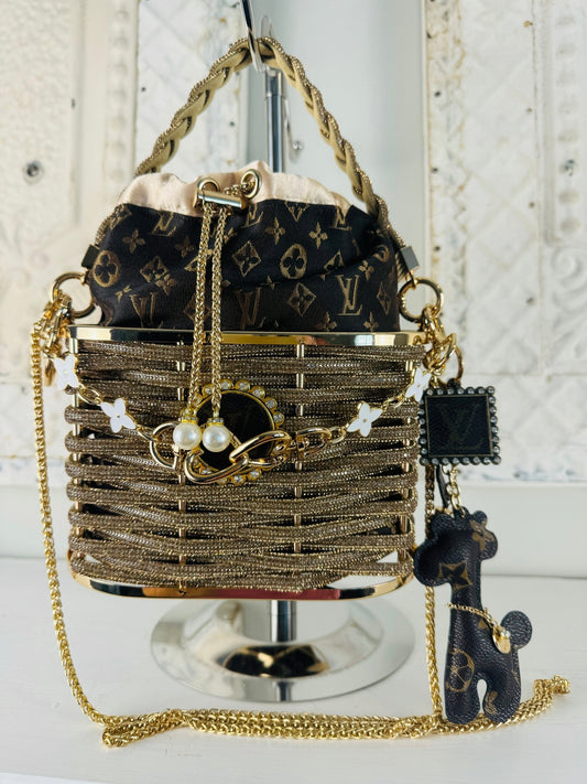 Authentic Recycled Designer Glam Bucket with draw sting insert: Gold - Jagged Leather