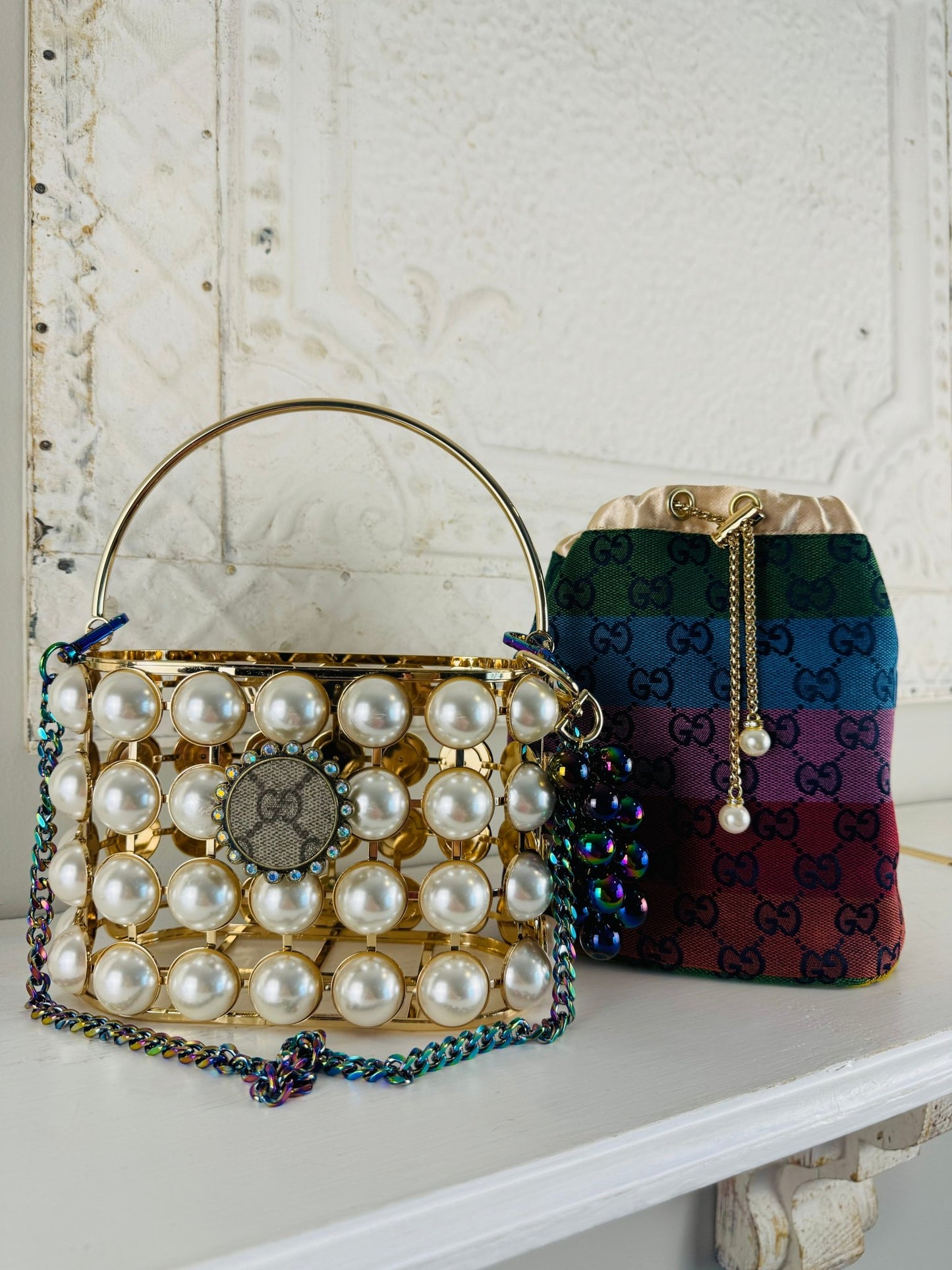 Authentic Recycled Glam Bucket with draw string insert - Multi colored - Jagged Leather