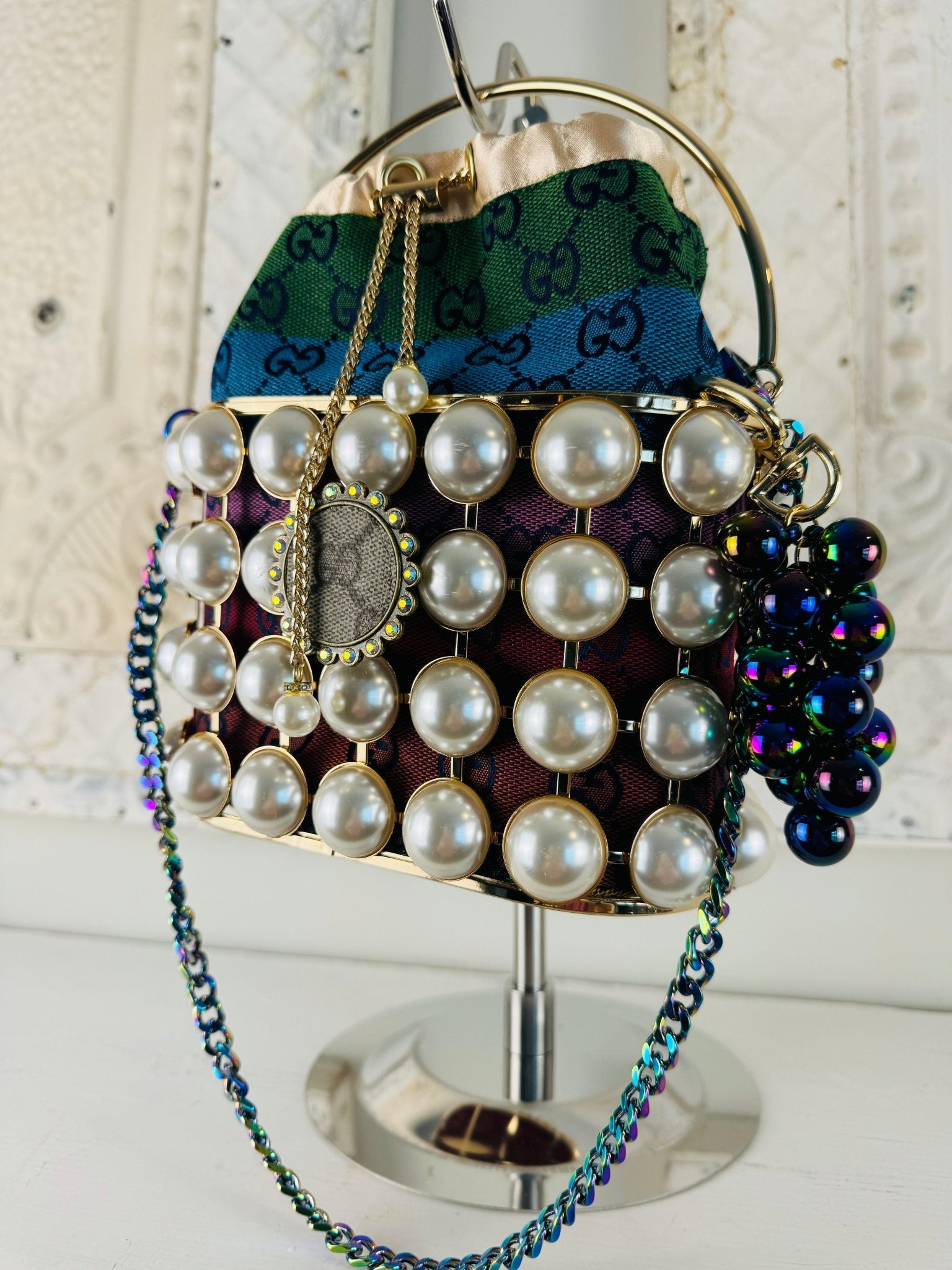 Authentic Recycled Glam Bucket with draw string insert - Multi colored - Jagged Leather