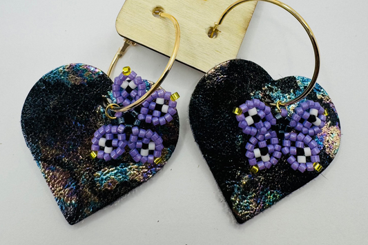 Purple Leather Butterfly Heart Earrings