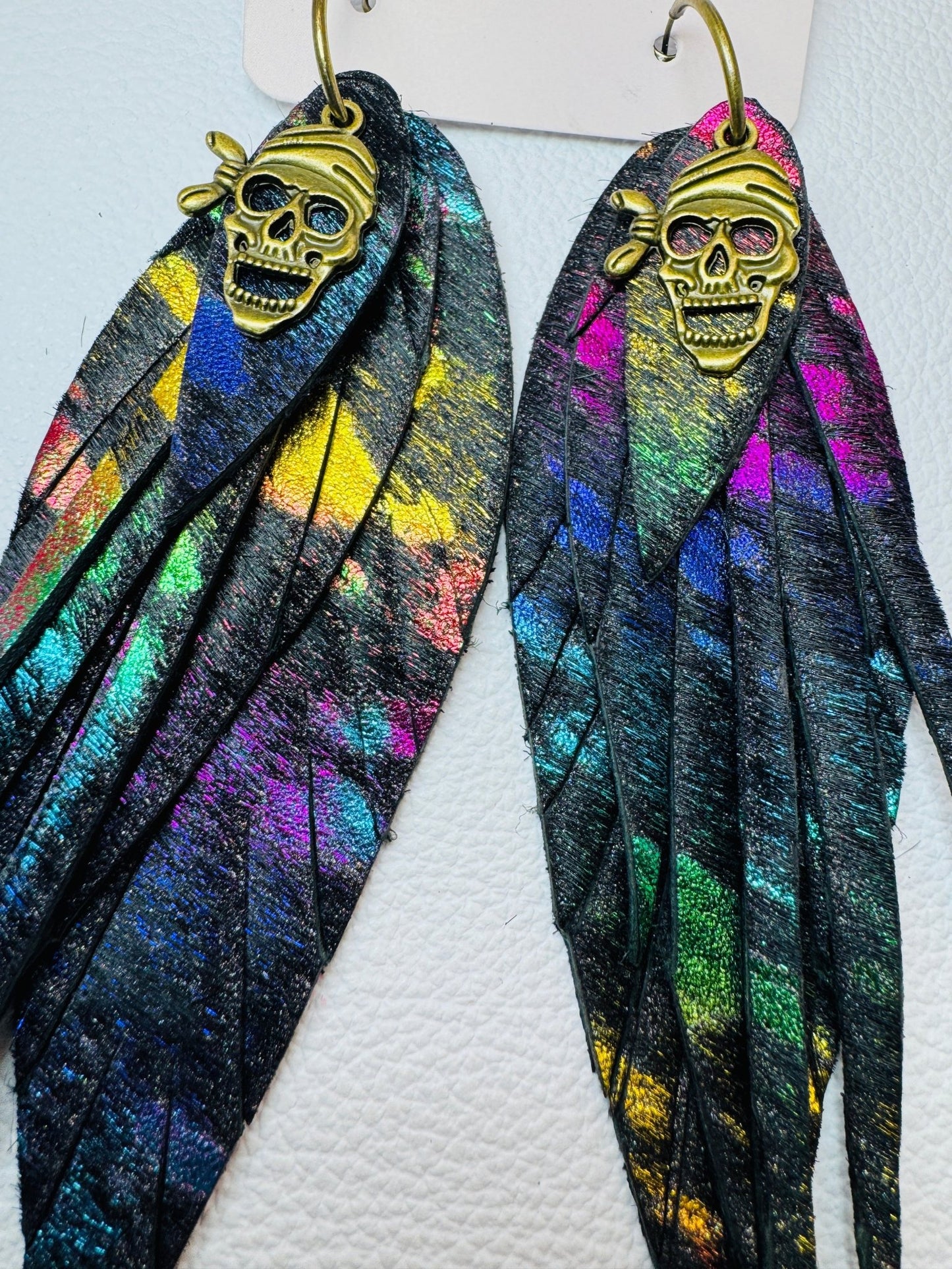 Black Multicolored Hair on Hide Feather Skull Earrings - Jagged Leather Handmade Jewelry