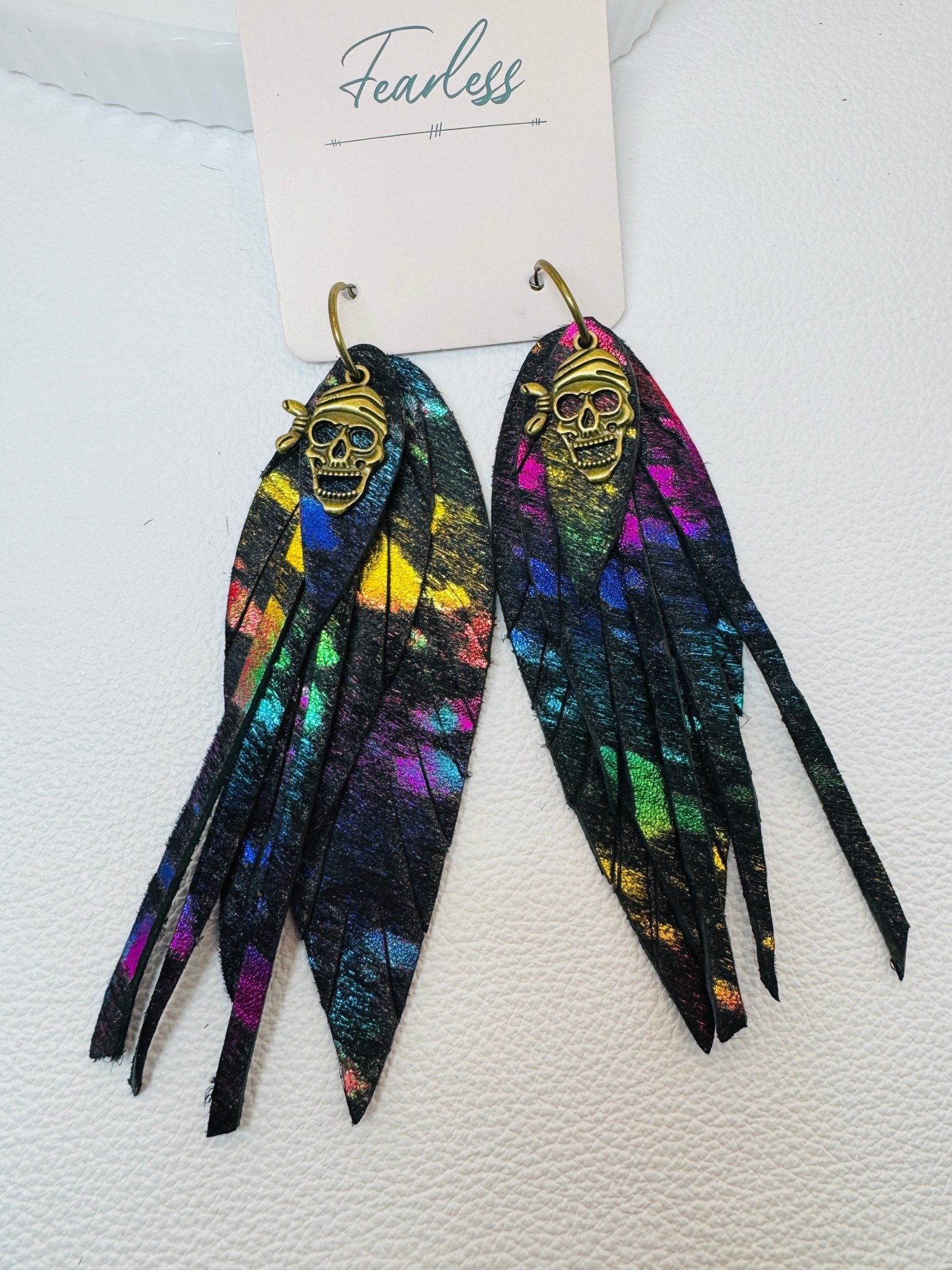 Black Multicolored Hair on Hide Feather Skull Earrings - Jagged Leather Handmade Jewelry