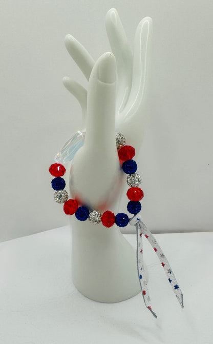 Handmade Bracelet: RED WHITE & BLING - Jagged Leather