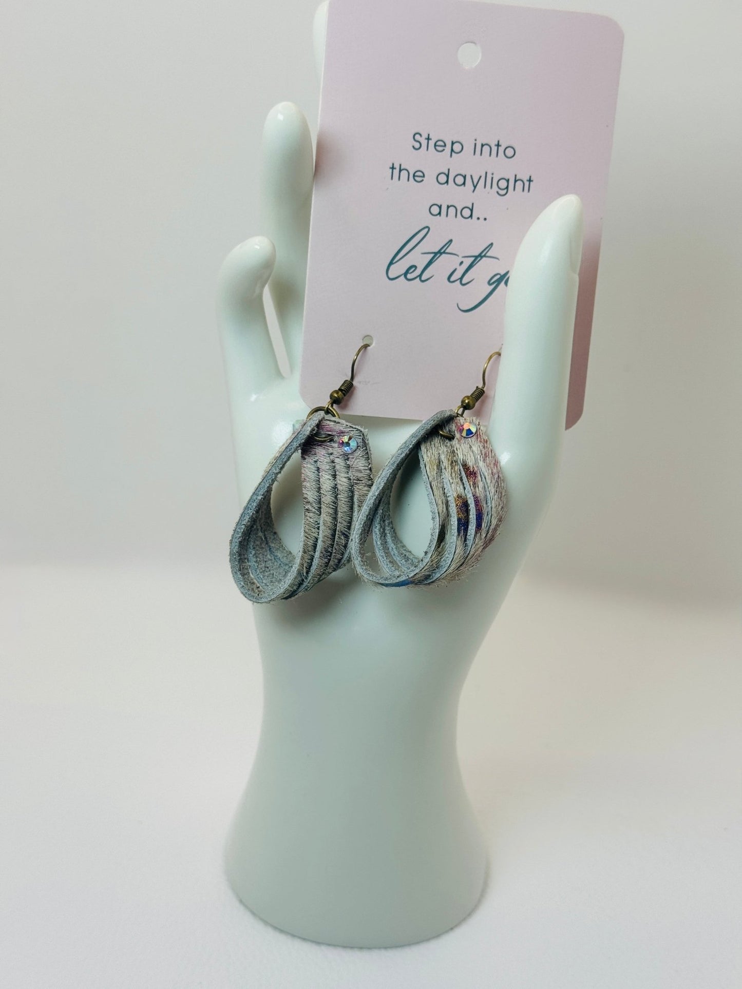 Unique Earrings: Stripe Tease Hair on Hide Rainbow gray - Jagged Leather