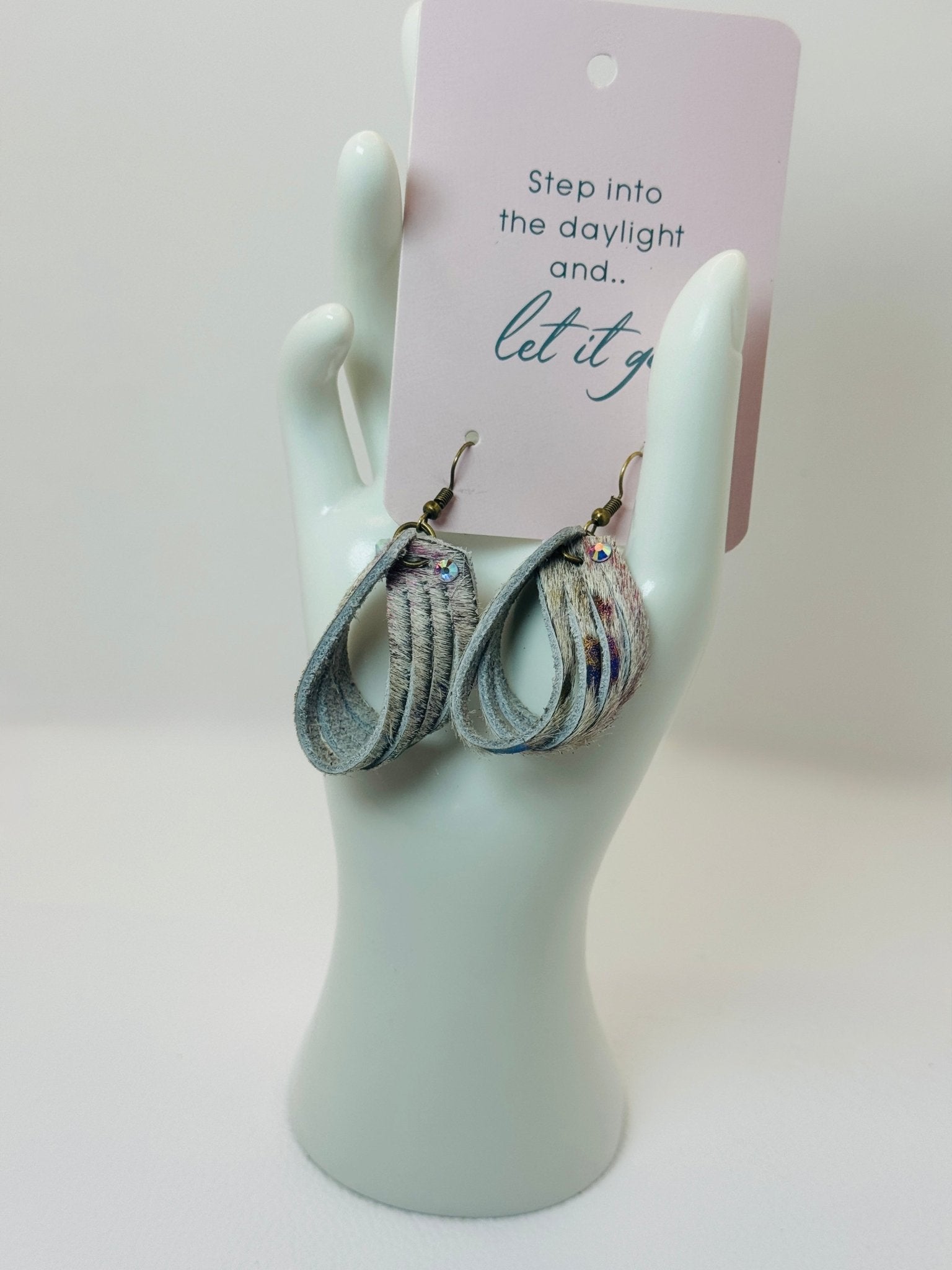 Unique Earrings: Stripe Tease Hair on Hide Rainbow gray - Jagged Leather