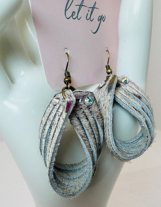 Unique Earrings: Stripe Tease Hair on Hide Rainbow gray - Jagged Leather
