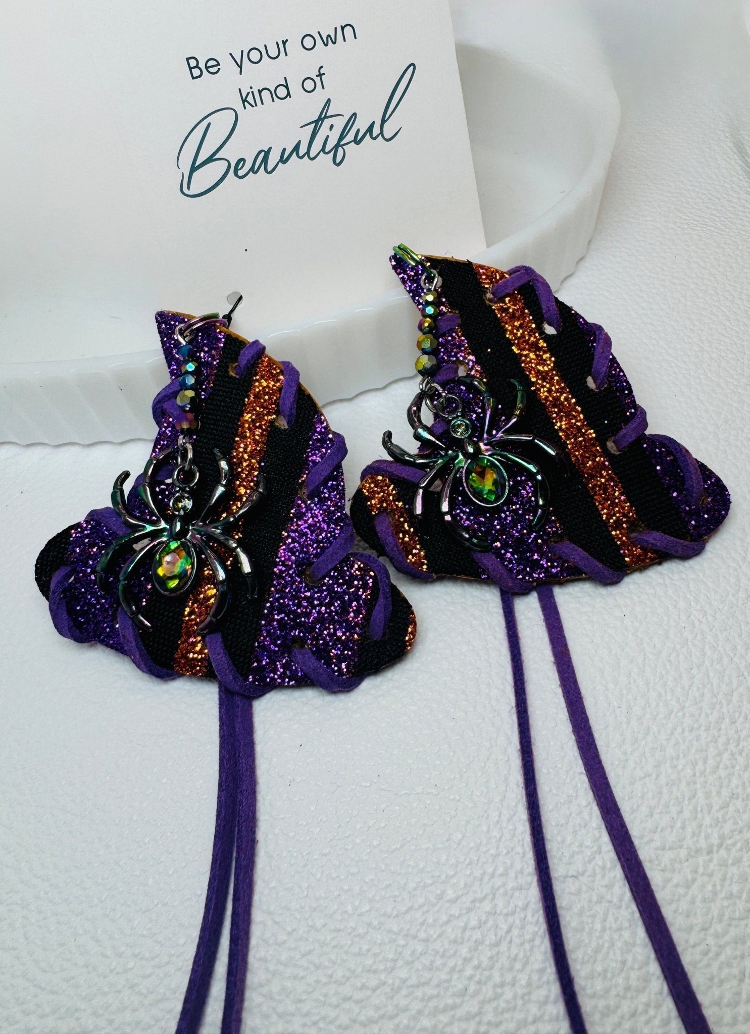 Purple & Orange Witch Hat Glitter Earrings - Jagged Leather Handmade Jewelry