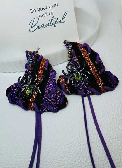 Purple & Orange Witch Hat Glitter Earrings - Jagged Leather Handmade Jewelry